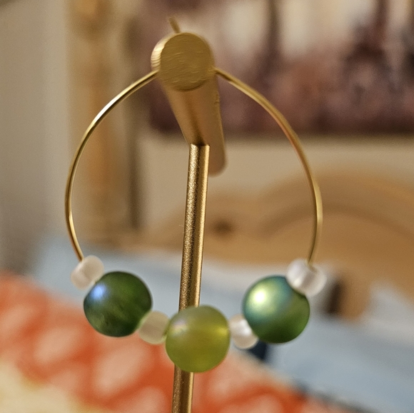 NEW- Hand Crafted Shimmer Green Beaded Hoop Earrings - Picture 2 of 3